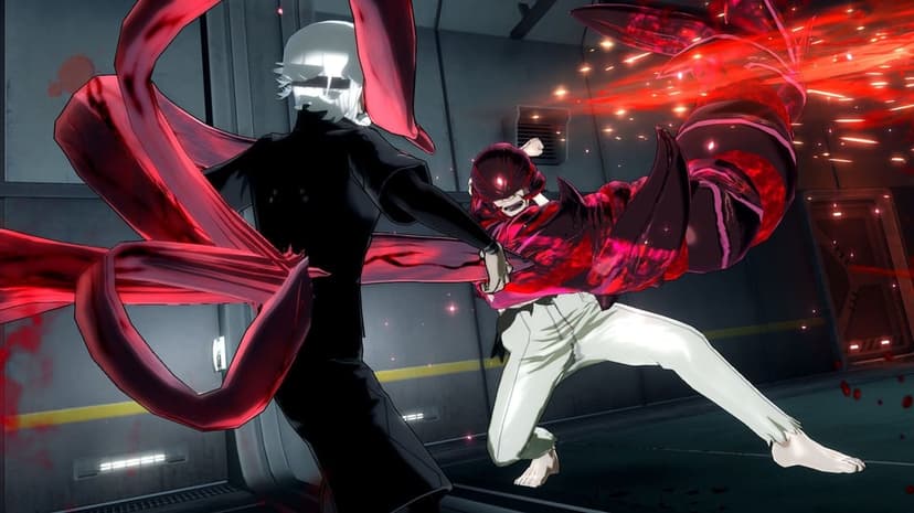 White-haired character battles a masked opponent with glowing red kagune tentacles in a dark hallway.