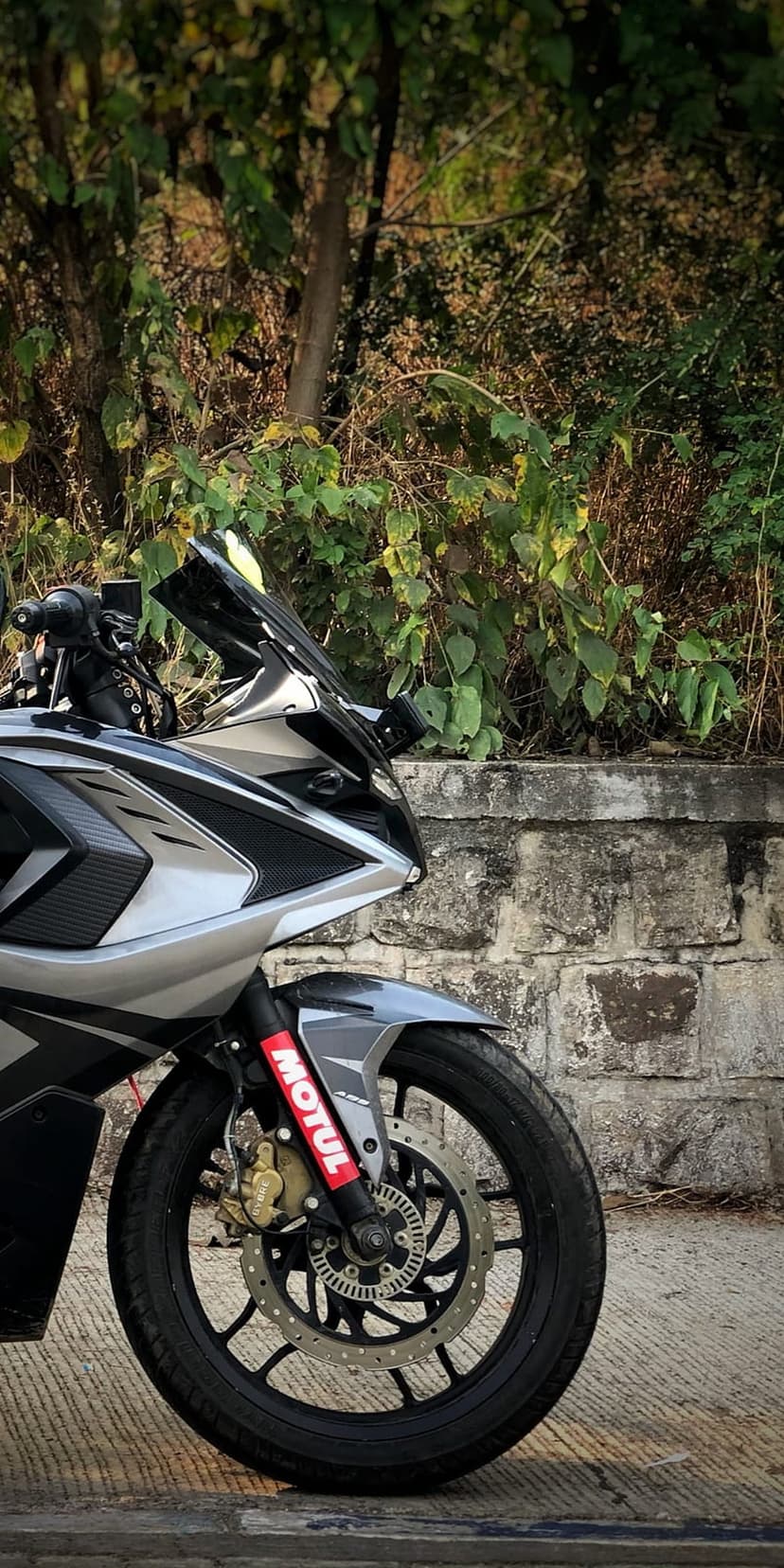Silver sportbike front view with a tinted windshield and suspension decals parked near a stone wall.