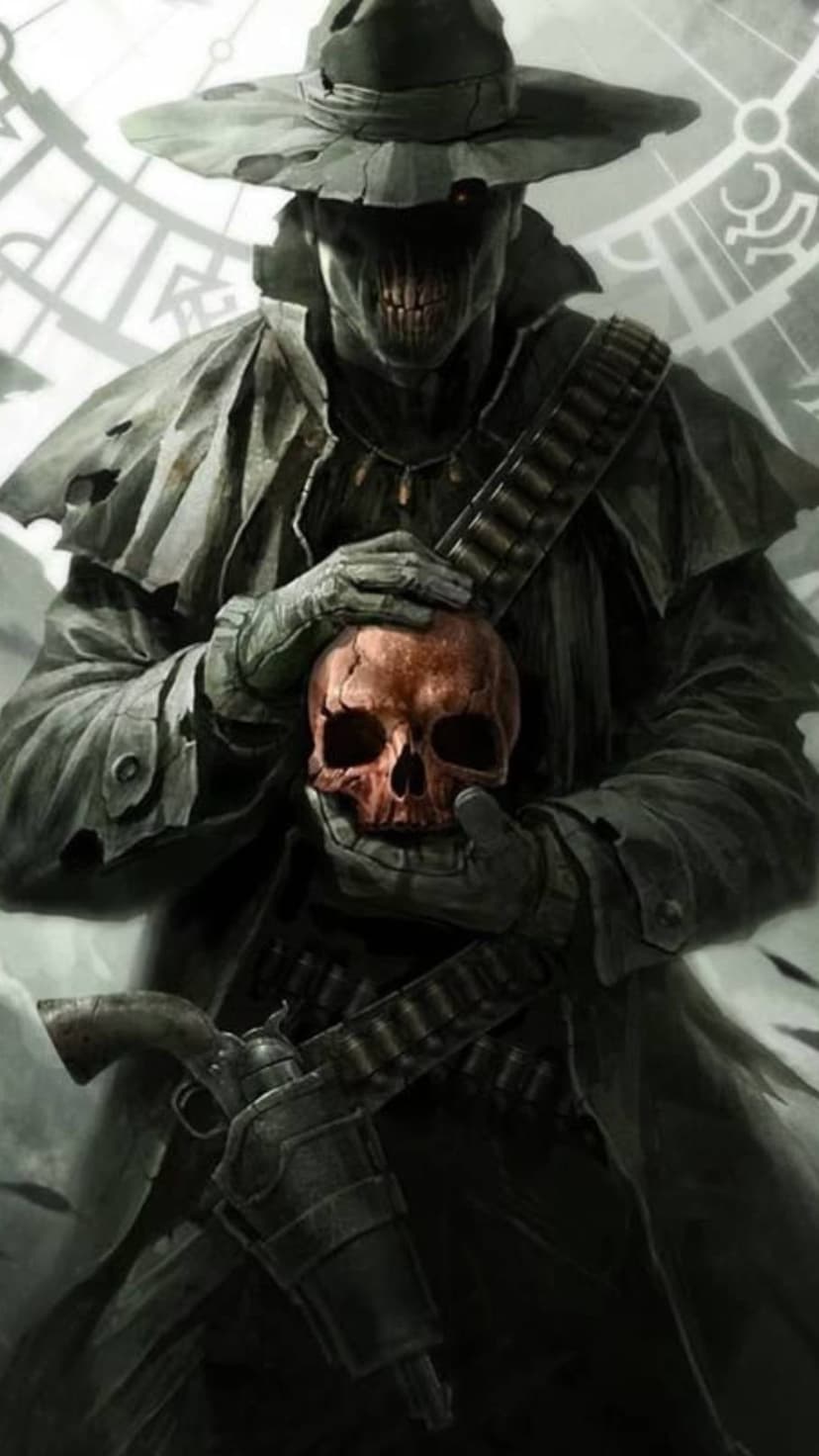 Skeletal cowboy in a tattered coat holding a skull with a clockwork gear background and ammunition bandolier.