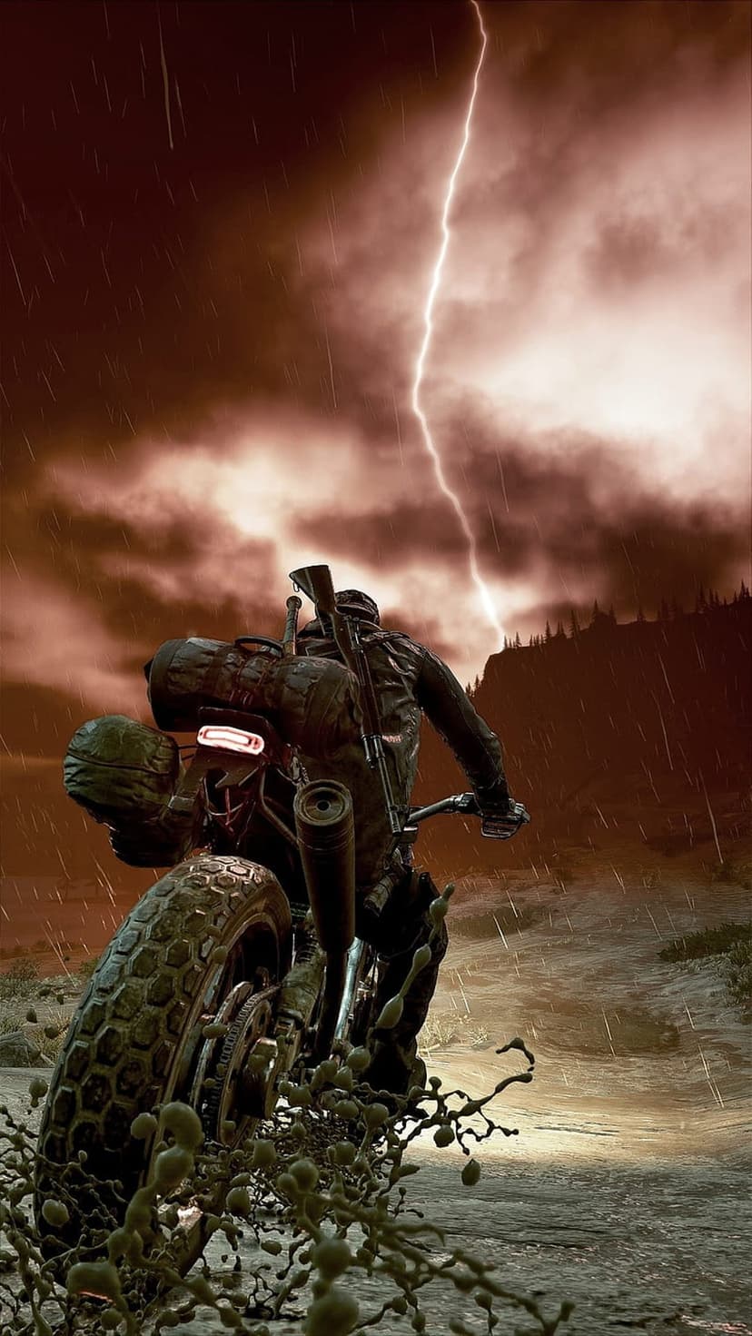 Biker on a motorcycle navigates muddy terrain under a dark sky filled with bright lightning bolts and heavy rain.