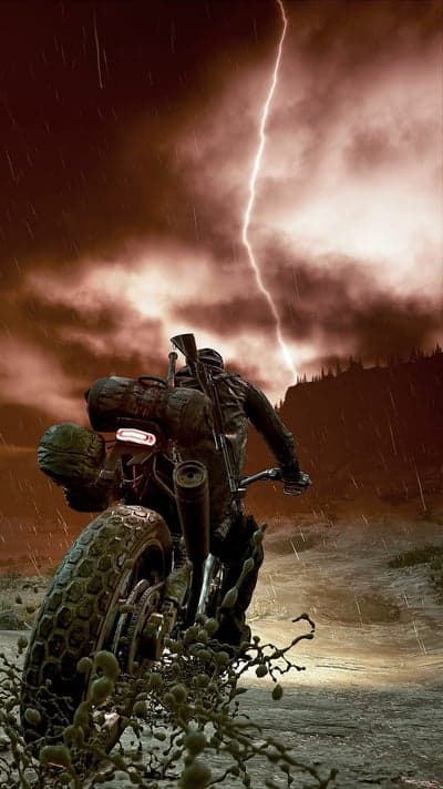 Rider on a motorcycle during a thunderstorm with lightning