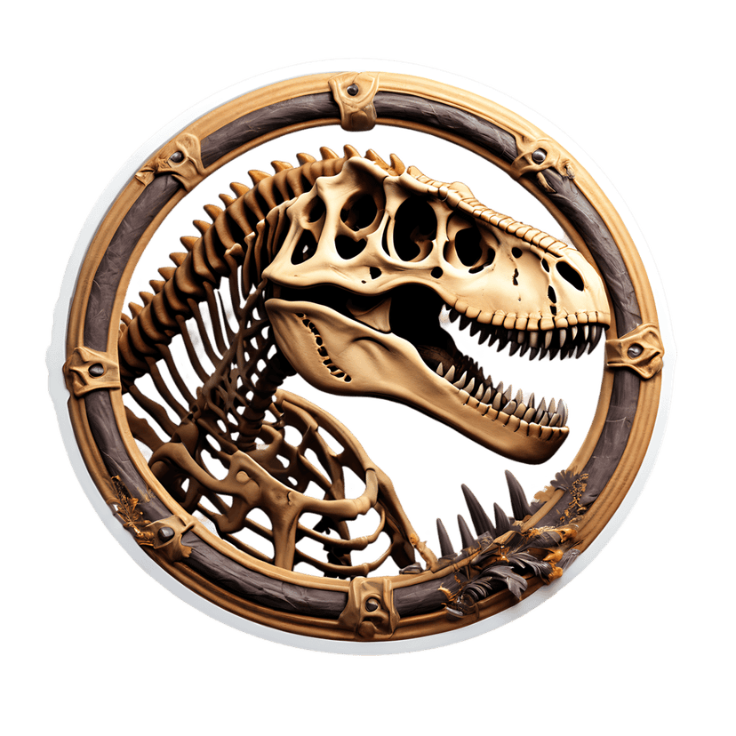 Tyrannosaurus skeleton profile featuring a T-Rex skull inside a circular wooden frame with golden foliage accents.