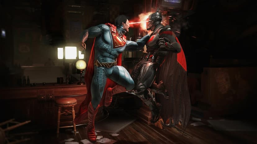 Superman using heat vision on Batman's armored mask inside a dark bar with glowing red and amber lighting.