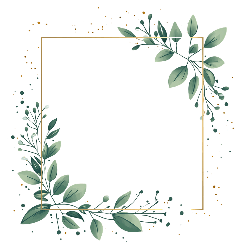 Botanical floral frame features lush green leaves and white petals arranged in a delicate oval wreath composition.