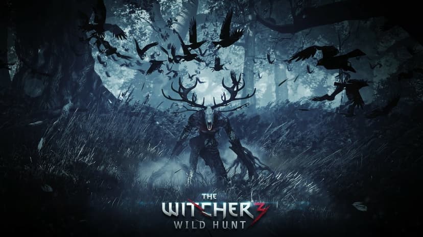 A Leshen with a deer skull and antlers stands in a dark misty forest with black crows flying overhead.
