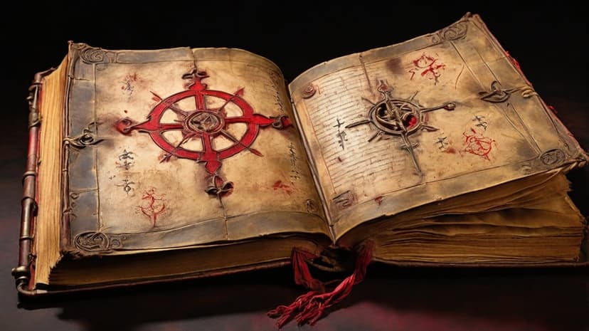 Weathered leather grimoire lying open to reveal a red circular sigil and metallic clasps on aged parchment pages.