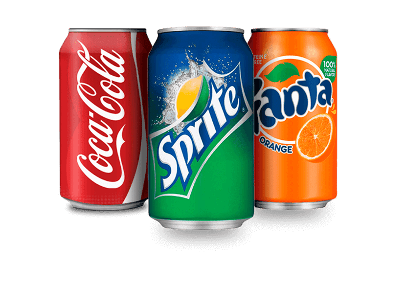 Fizzy soda bottles and cans featuring Coca-Cola, Sprite, and Fanta branding in a colorful graphic illustration.