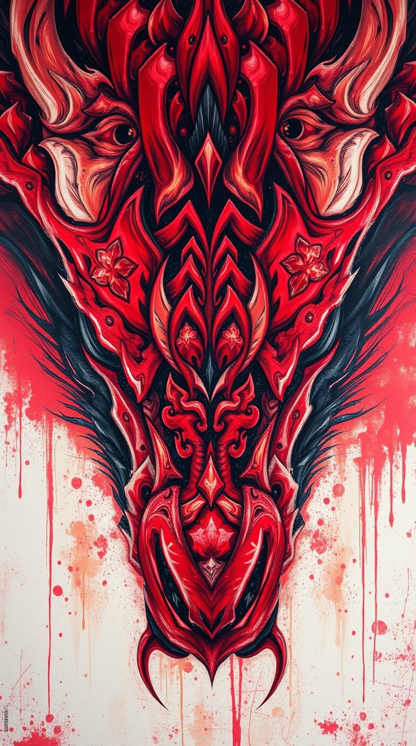 Crimson dragon head with black horns and glowing eyes surrounded by red paint splatters on a white background.