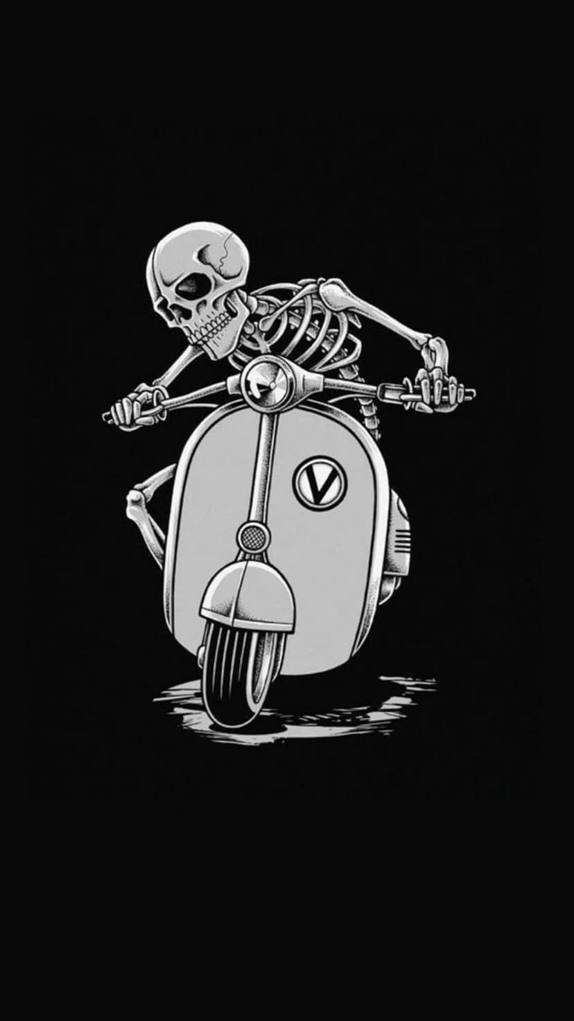 Skeleton riding a classic vintage scooter in high-contrast black and white against a solid dark background.
