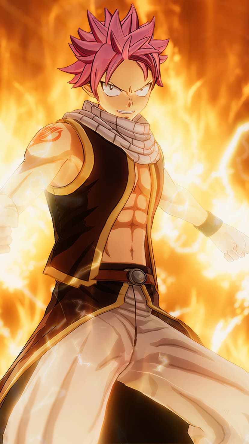 Natsu Dragneel stands amidst swirling orange flames with a glowing red guild mark on his shoulder and pink hair.