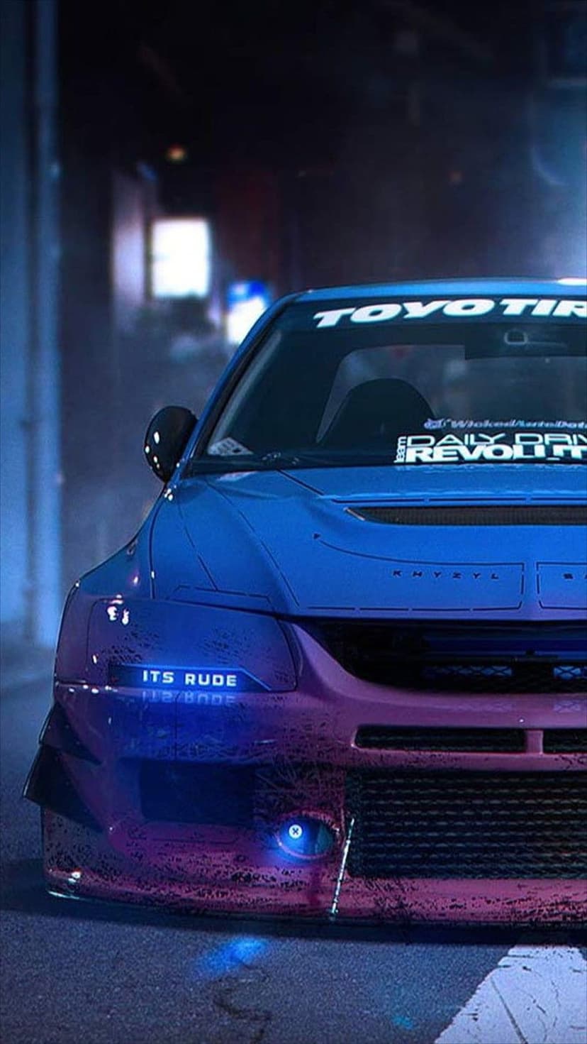 Modified blue and purple tuner car with glowing headlights on a wet urban street at night with tire branding.