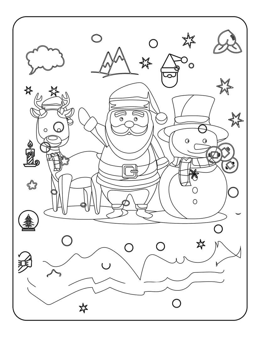 Christmas coloring page with Santa, a snowman, and a reindeer set against a snowy mountain landscape with stars.
