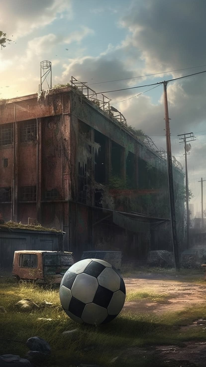 Soccer ball on overgrown grass in front of a derelict industrial building under a dark overcast sky.