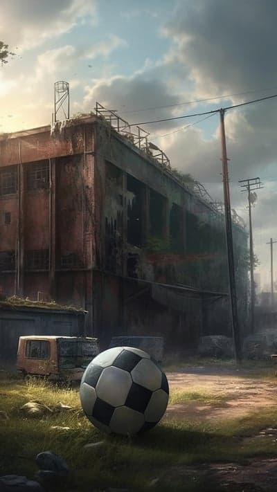 Abandoned Building with Soccer Ball and Overcast Sky