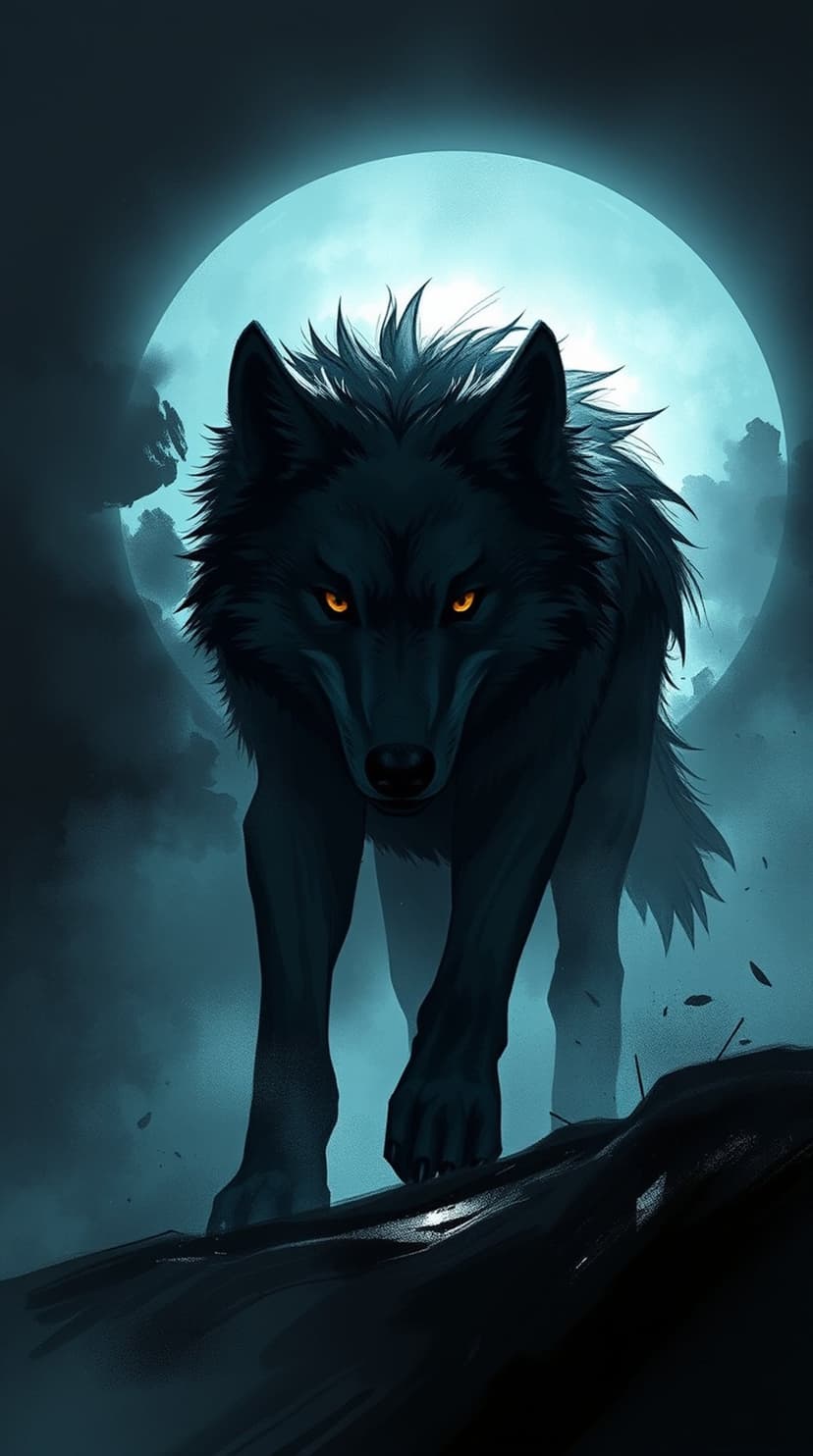 Black wolf with glowing orange eyes standing on dark rocks against a giant blue moon and misty night sky.