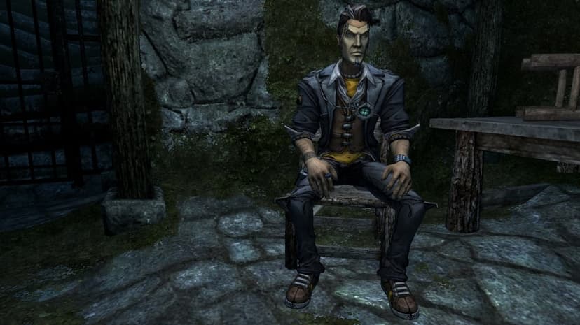 Handsome Jack sitting on a stool in a dark stone courtyard with mossy walls and a rustic wooden table.