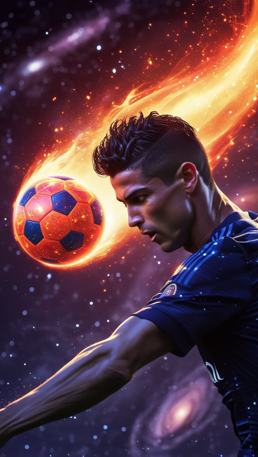 Cristiano Ronaldo kicks a flaming soccer ball amidst swirling blue nebulae and distant glowing white stars.