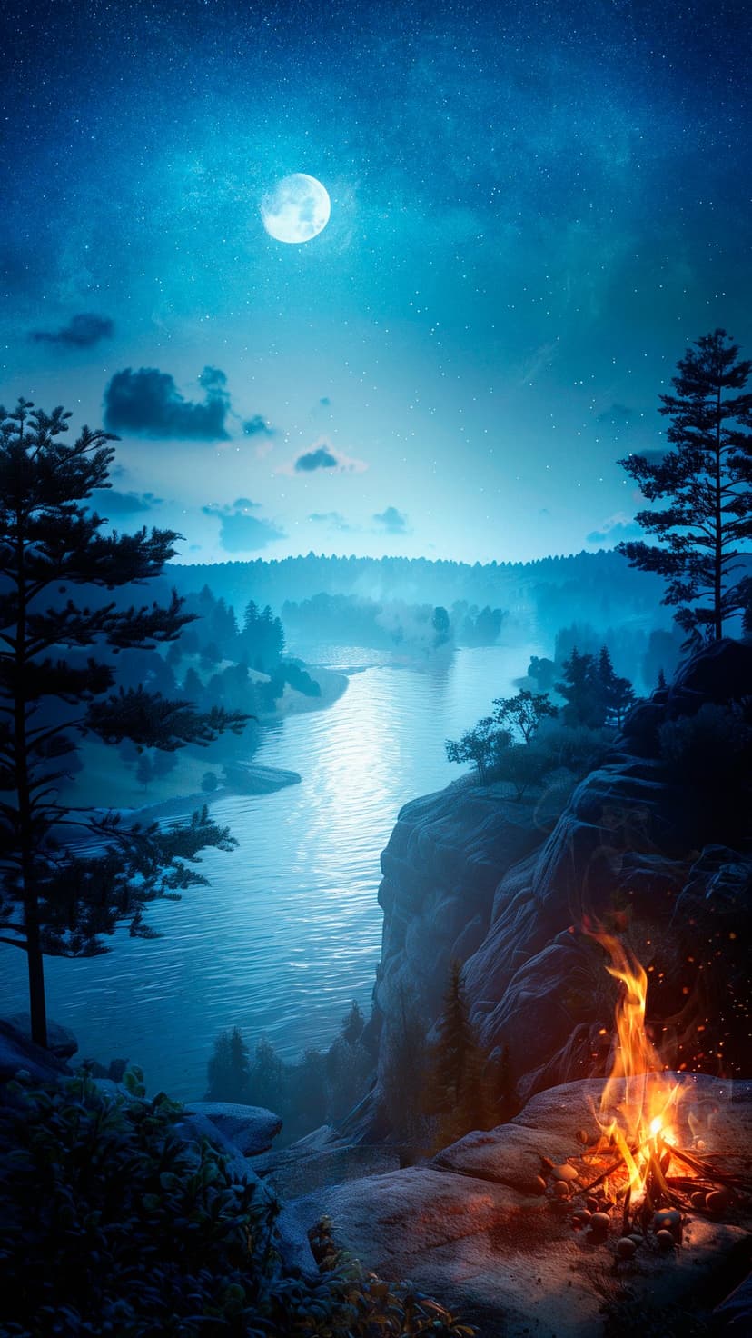 Burning campfire on rocky shore under a full moon and starry sky overlooking a calm forest lake at night.