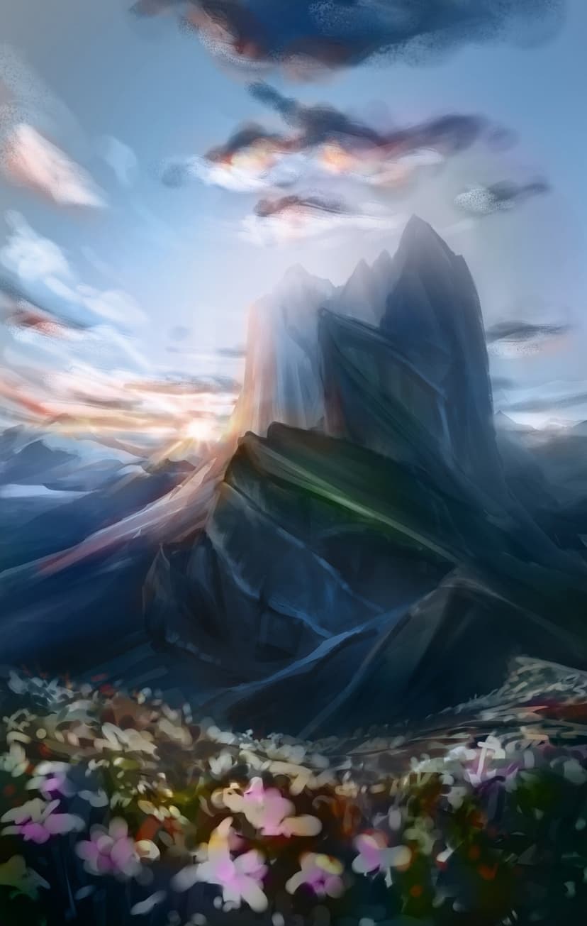 Jagged mountain peaks glow under a sunrise sky above a lush meadow filled with colorful wildflowers.