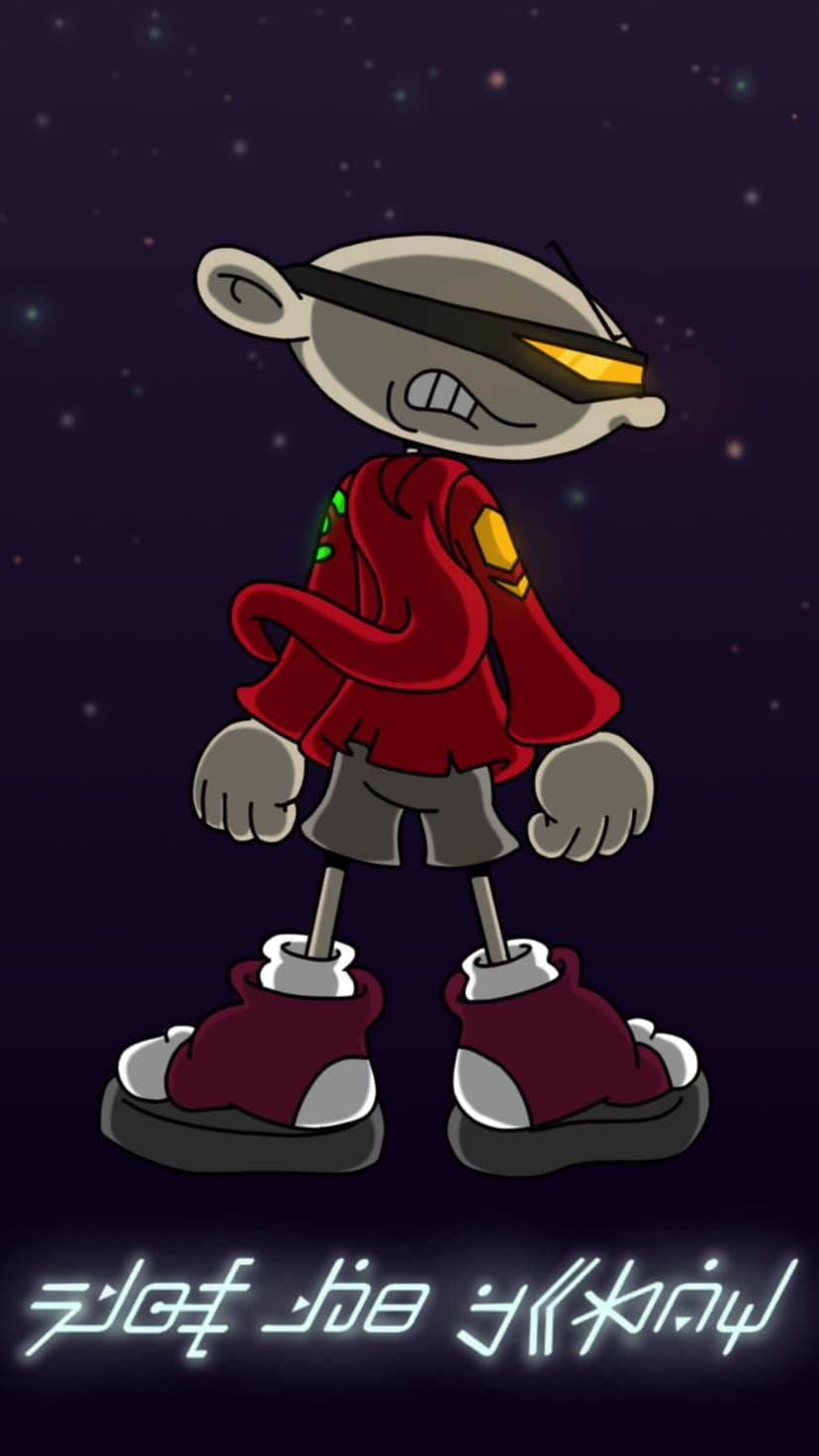 Numbuh 1 from Kids Next Door stands in space wearing glowing orange goggles, a red sweater, and oversized shoes.