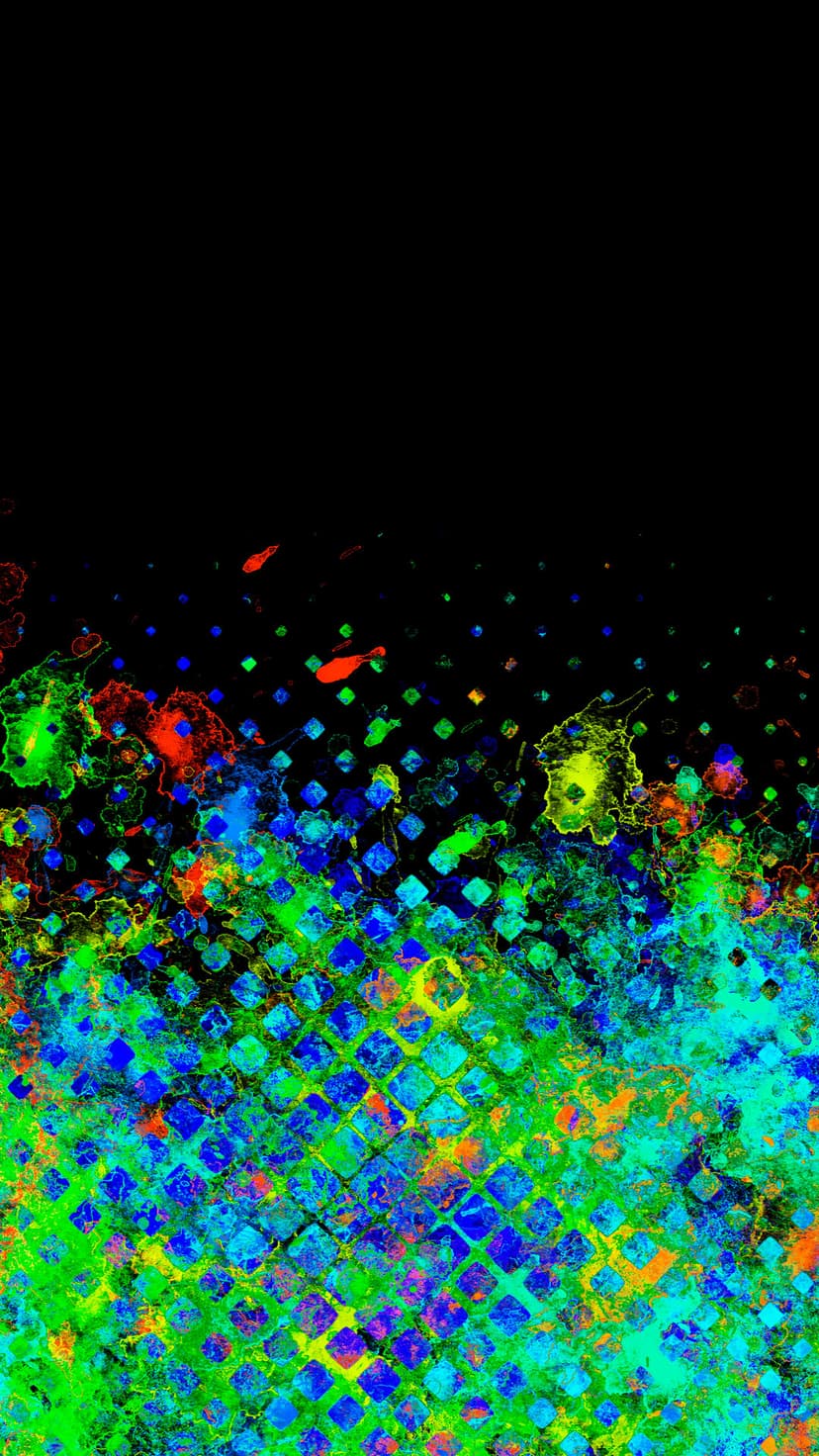 Glowing diamond grid pattern overlapping neon green and blue nebula splashes on a dark vertical background.