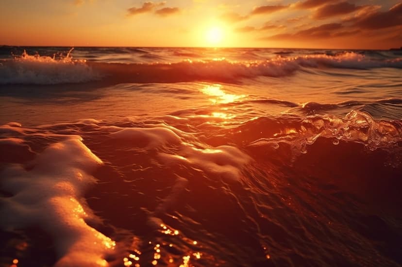 Sun-drenched ocean waves explode into white foam and fine droplets during a vivid coastal golden hour sunset.