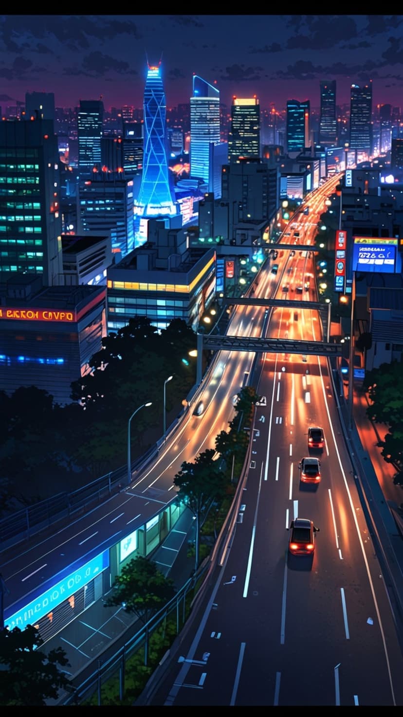 Glowing blue and purple skyscrapers overlook a bustling highway with light trails from high-speed traffic.
