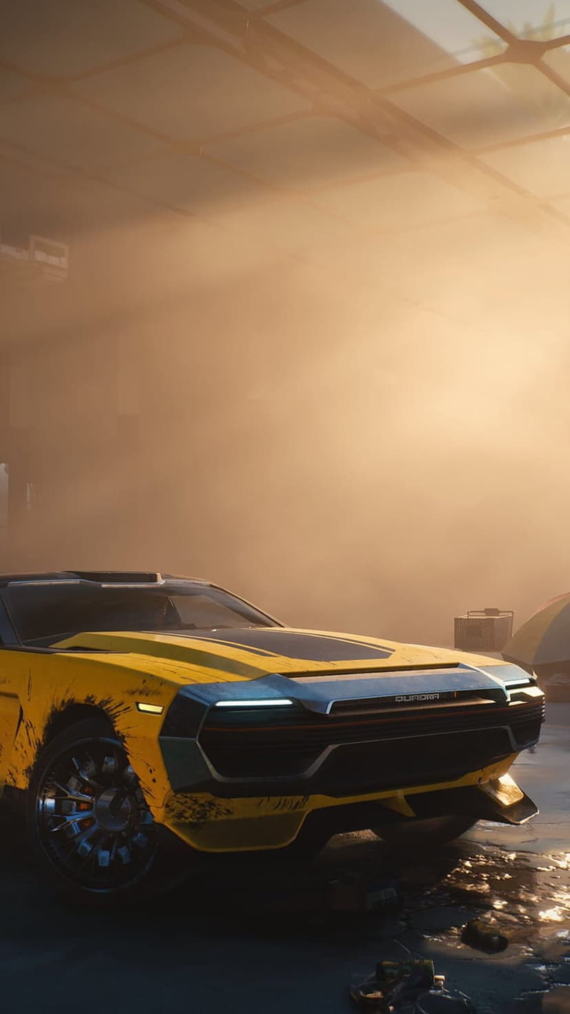 Yellow sports car with black stripes parked in a dusty garage with sunbeams shining on its angular body.