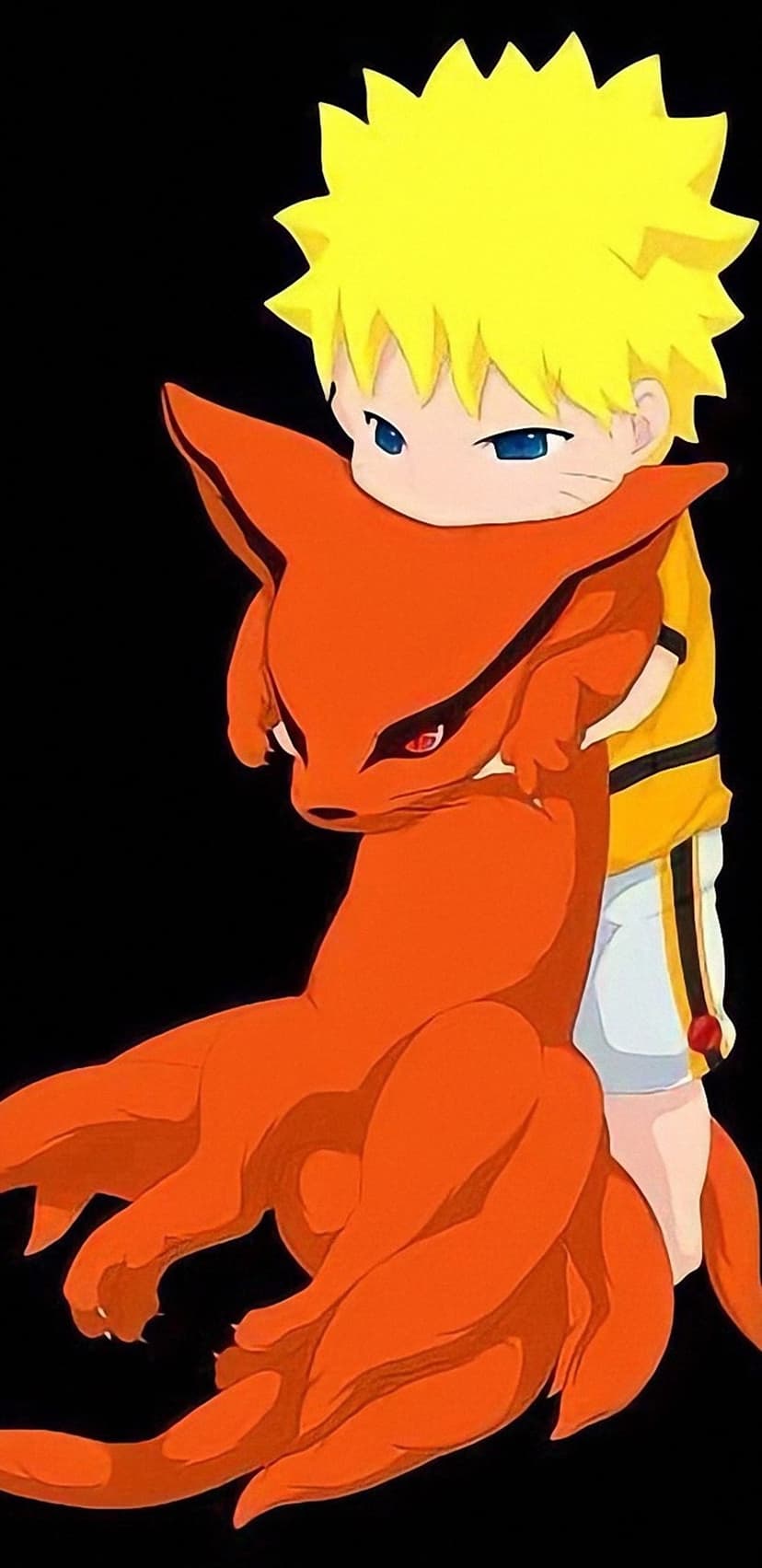 Naruto Uzumaki in chibi style embraces the Nine-Tails fox Kurama against a solid black background.