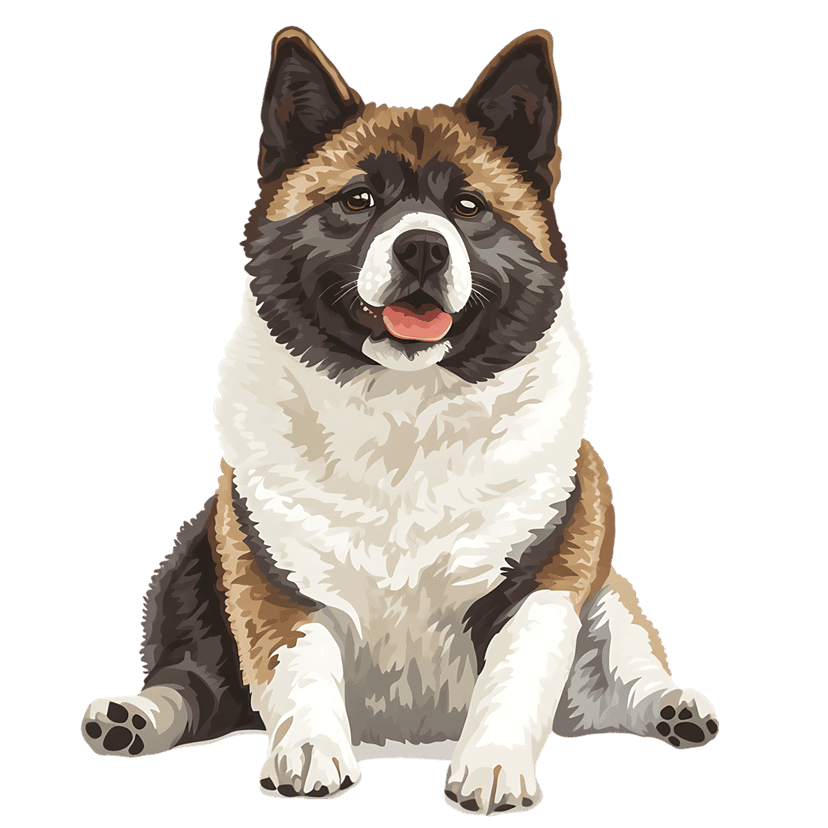 Akita dog with thick cream fur sits against a black background in a detailed digital portrait with erect ears.