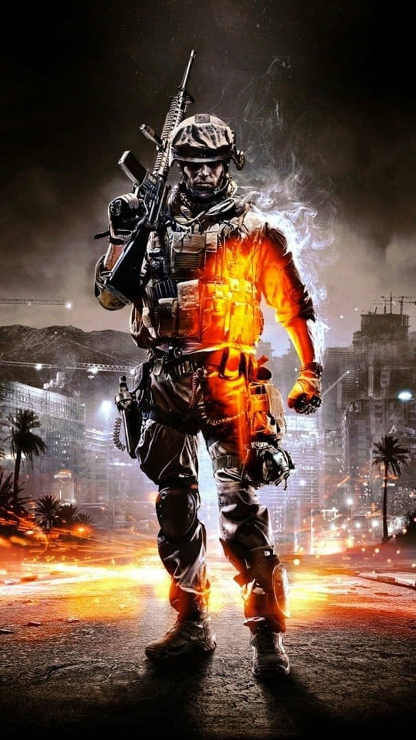 Tactical soldier in combat gear with a rifle standing in a war-torn city with orange and blue light effects.