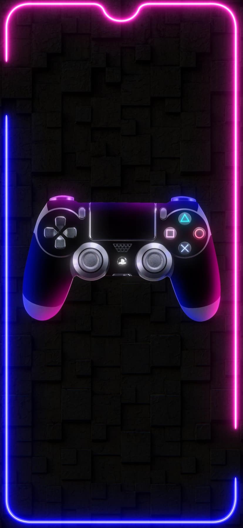 Black gaming controller glowing with neon blue and pink lights against a dark textured abstract backdrop.