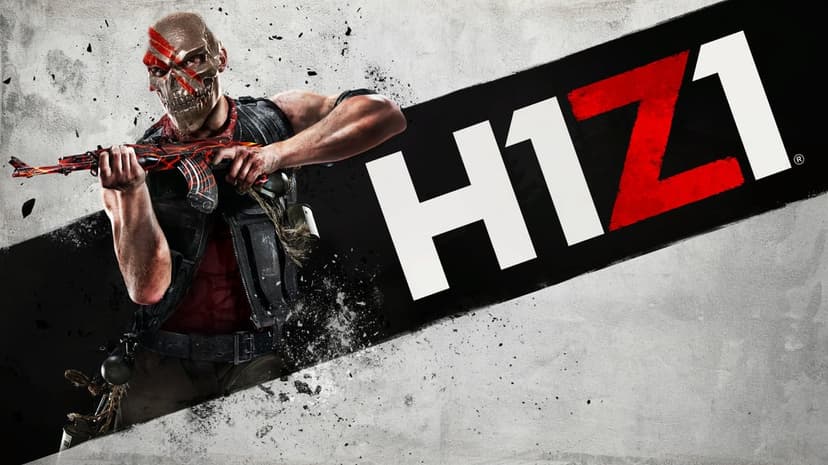 Masked survivor holding a glowing red assault rifle against a gritty wall with a diagonal H1Z1 logo.