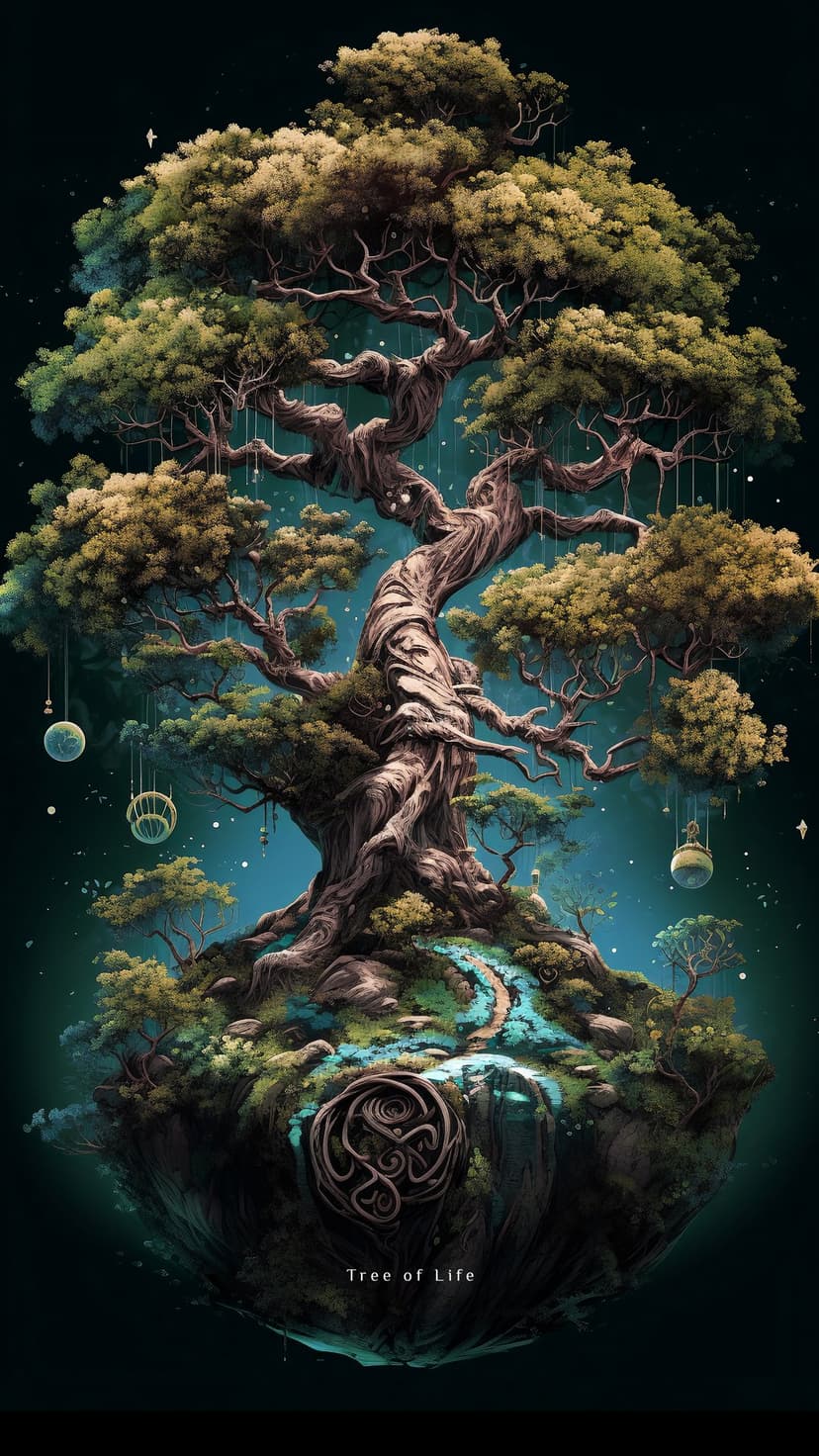 Luminous tree with glowing orbs stands on a floating island above cascading waterfalls against a starry night.