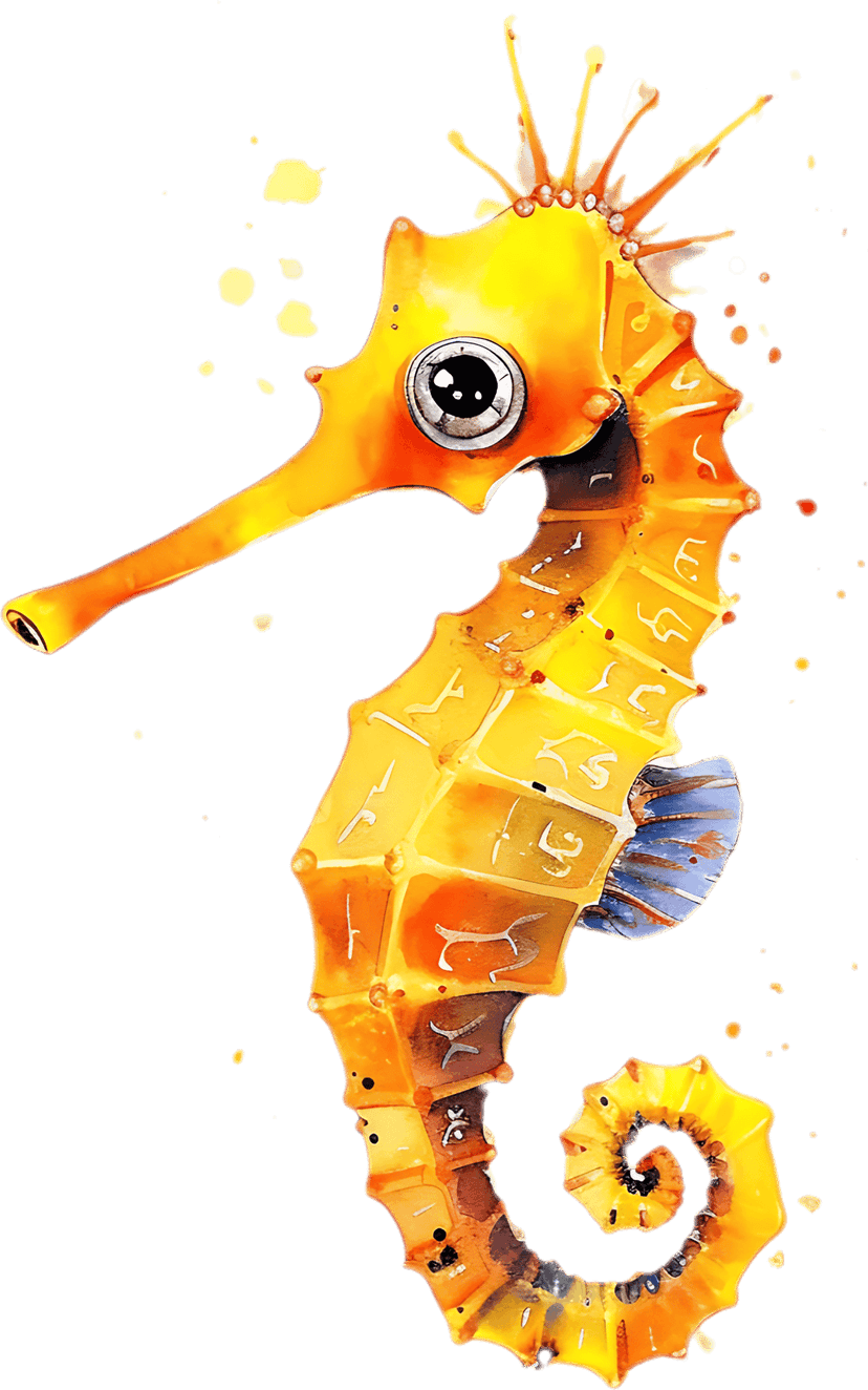 Yellow seahorse watercolor illustration features vibrant orange paint splatters and a curled tail on black.