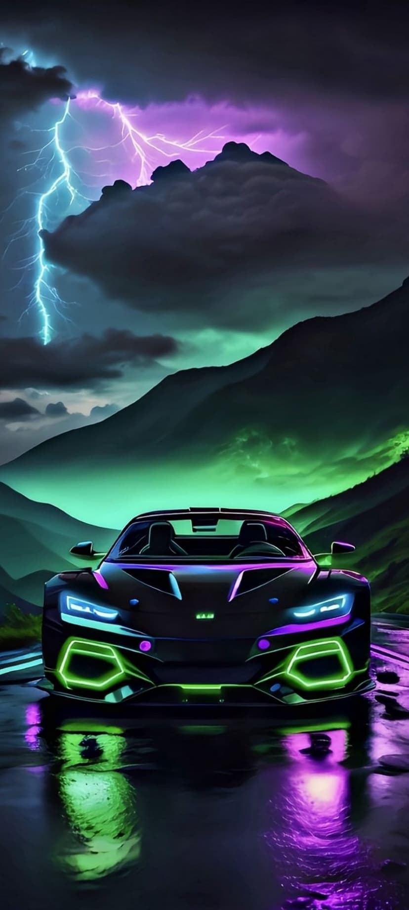 Black sports car with neon green accents on a wet road during a lightning storm in a dark mountain landscape.