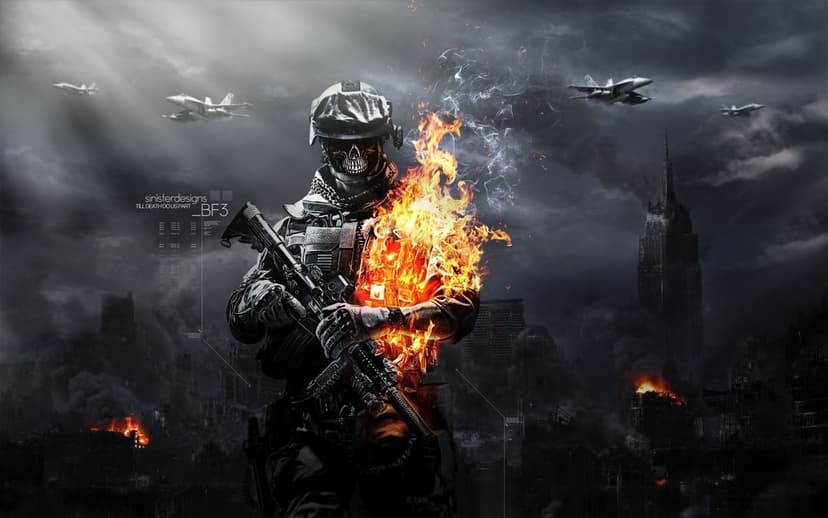 Soldier with a skull mask standing amidst fire and smoke in a ruined city with fighter jets in the sky.