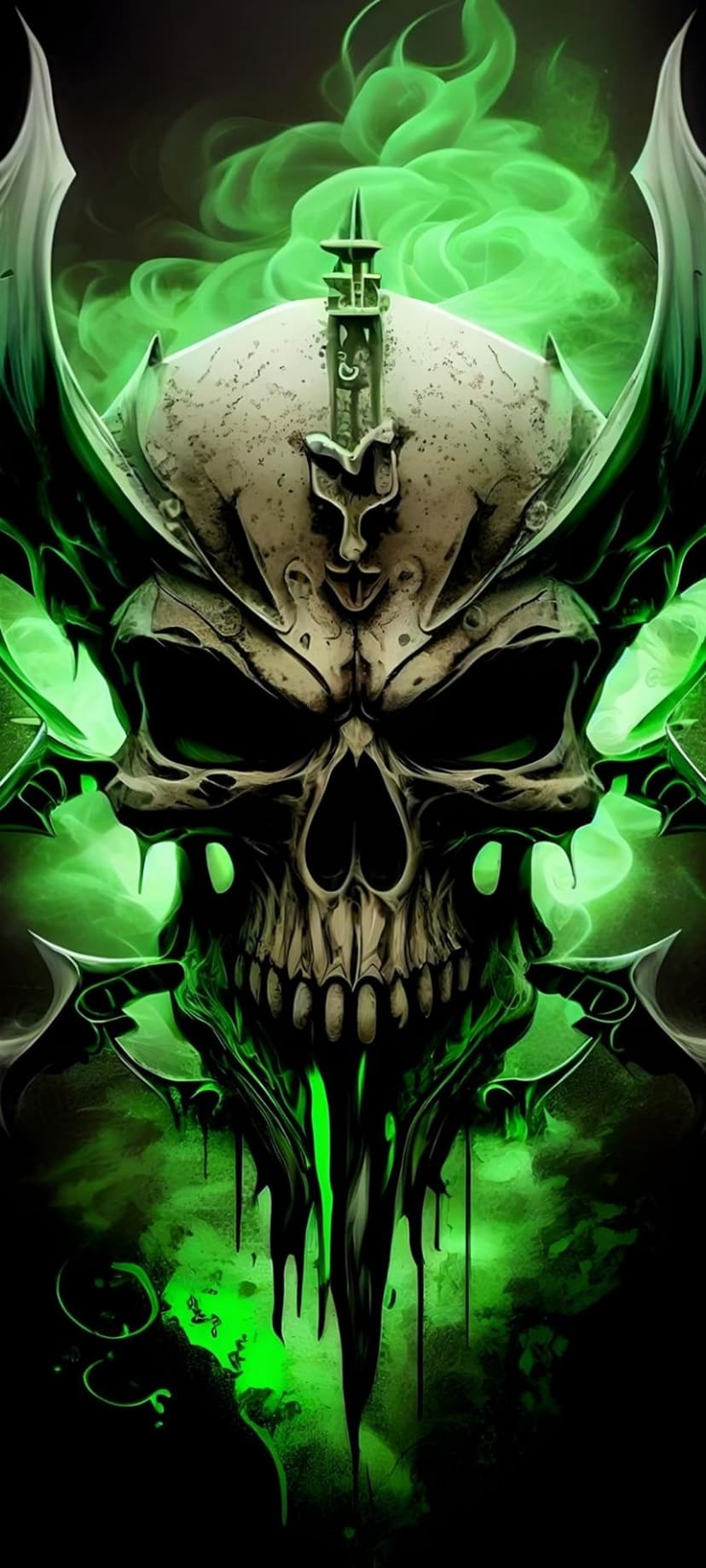 Horned gothic skull with a spiked crown is surrounded by swirling neon green smoke against a dark background.