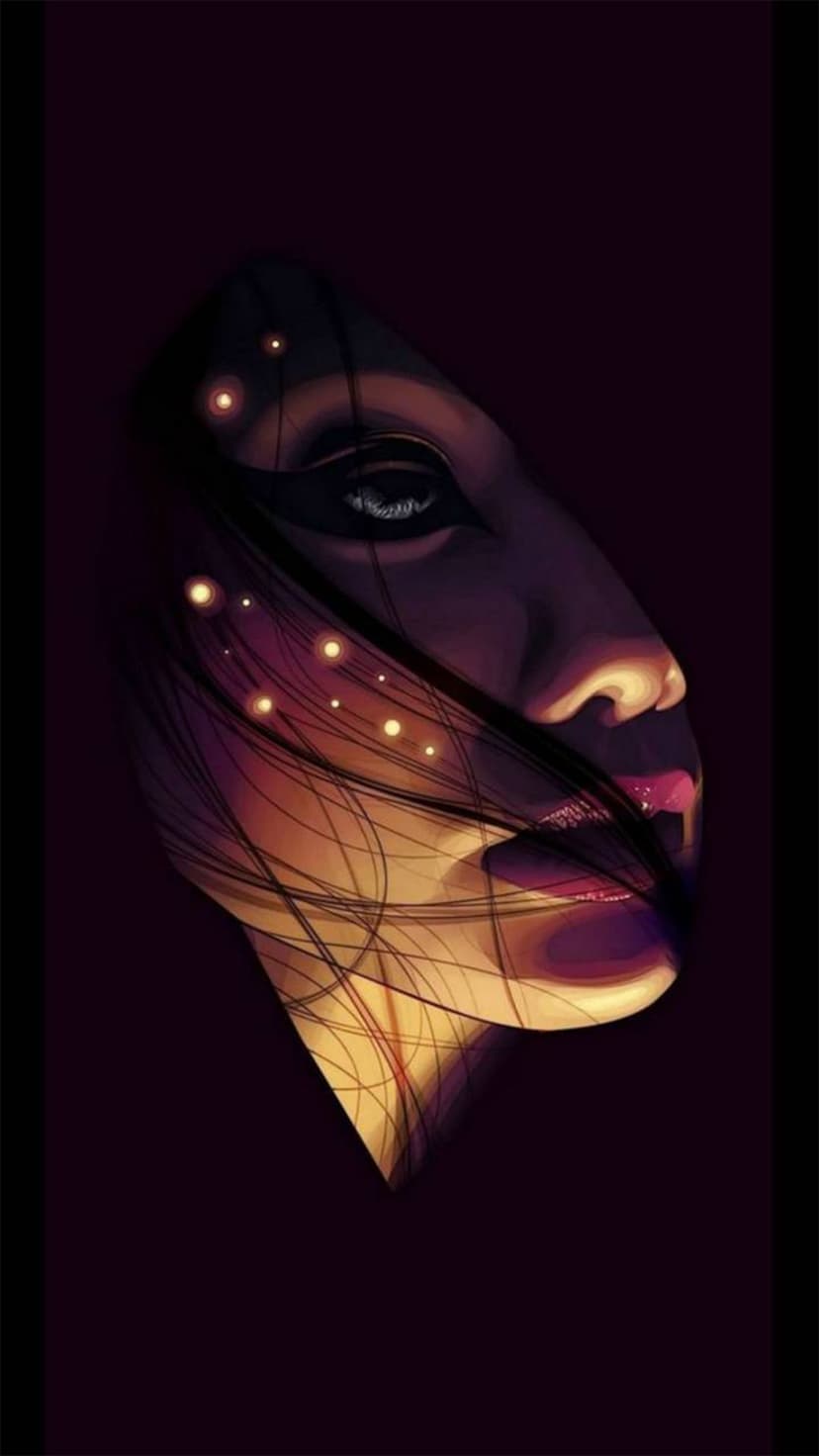 Woman with dark hair and a single visible eye surrounded by floating warm glowing light orbs on a black backdrop.