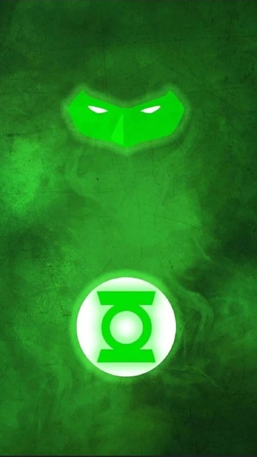 Green Lantern mask and glowing ring symbol centered on a dark, textured green background with neon light effects.