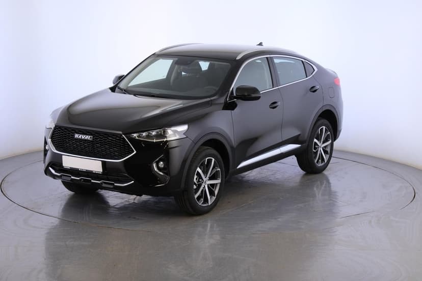 Black Haval F7x SUV coupe with chrome accents on a reflective floor in a bright white studio setting.