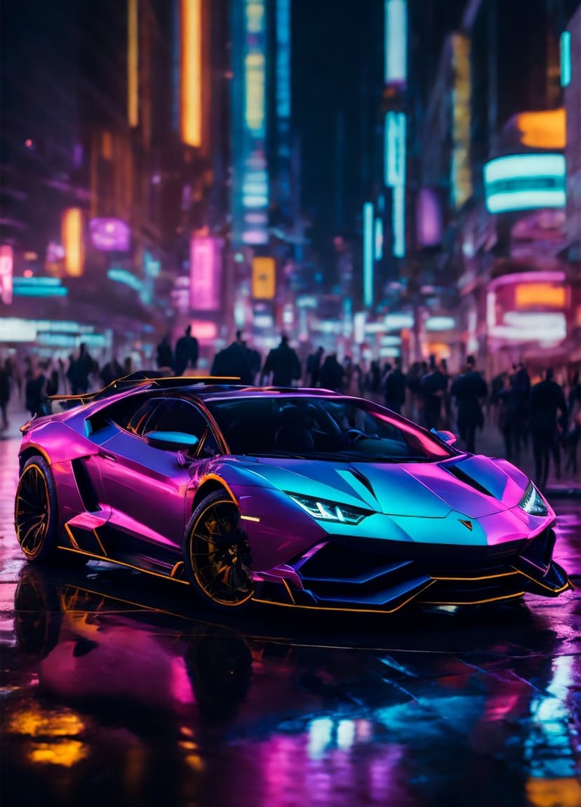 Sleek supercar parked on a wet neon street with pink and cyan reflections and blurred urban background silhouettes.