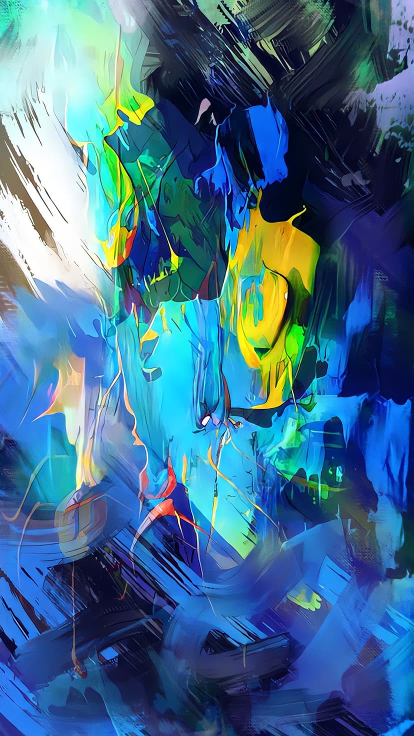 Thick blue, yellow, and green oil paint brushstrokes create a textured abstract pattern with visible impasto peaks.