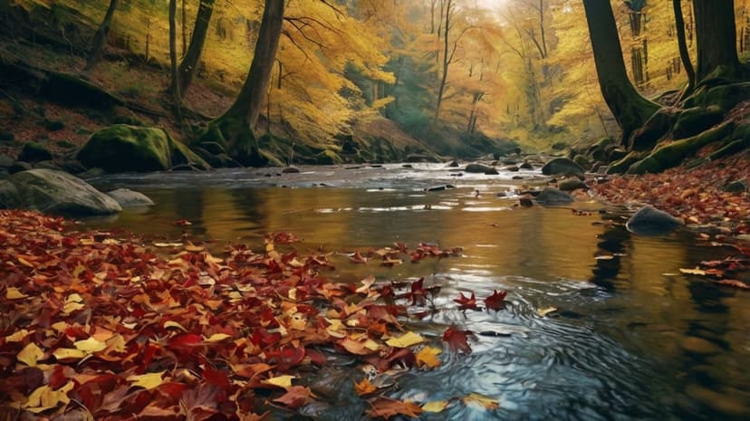 A clear forest stream flows past mossy banks covered in red and yellow fallen leaves under dappled sunlight.