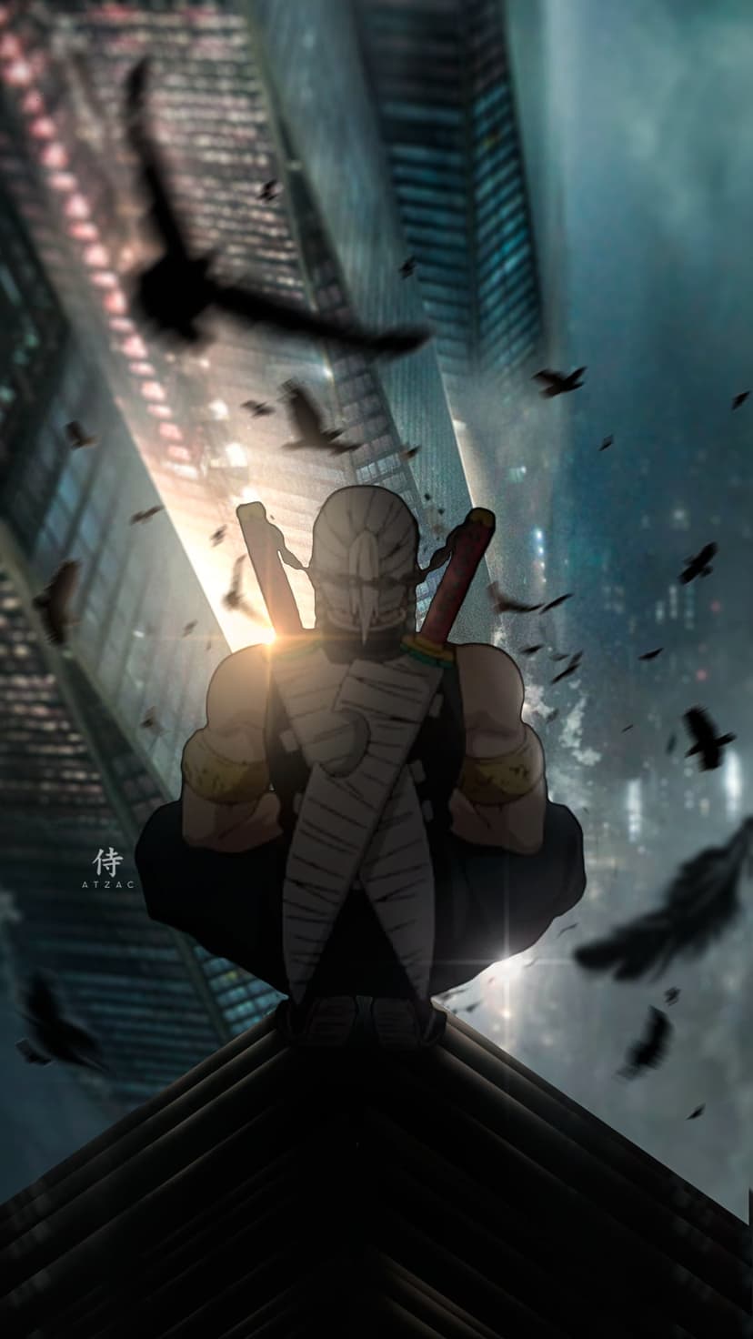 Lone samurai with dual katanas overlooks a city at dusk while black birds fly near modern skyscrapers.