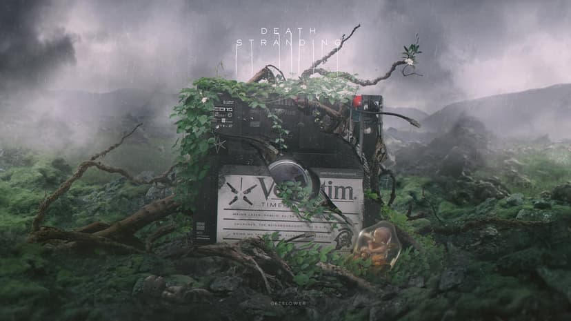 Death Stranding themed tech crate covered in green vines and roots in a rainy, misty mossy green landscape with a BB pod.