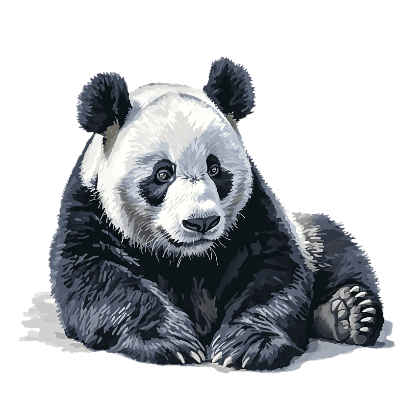 Giant panda resting in a painterly digital art style with detailed white and black fur on a black background.