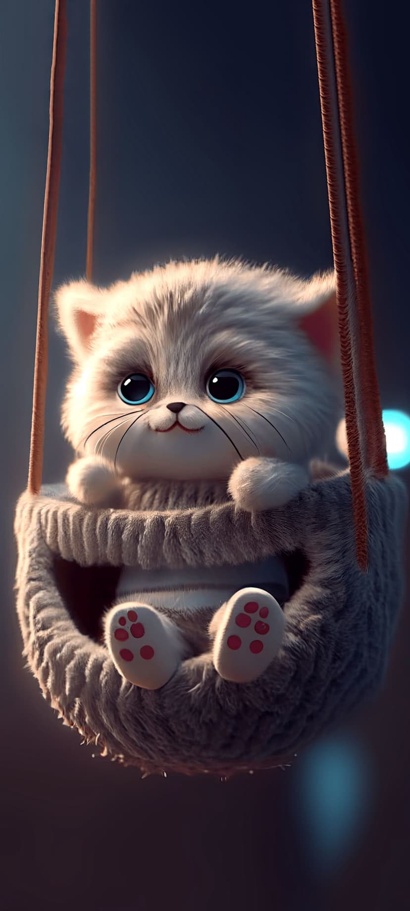 Gray fluffy kitten with blue eyes wears a striped sweater while sitting in a knitted swing with pink paw pads.
