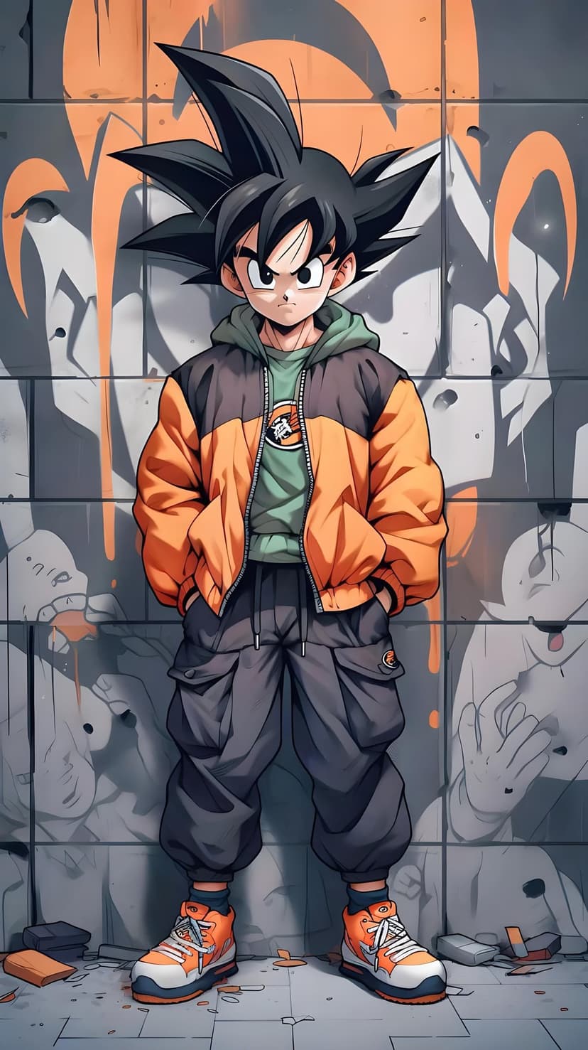 Goku wears a black puffer jacket and orange sneakers while standing before a brick wall with orange graffiti.
