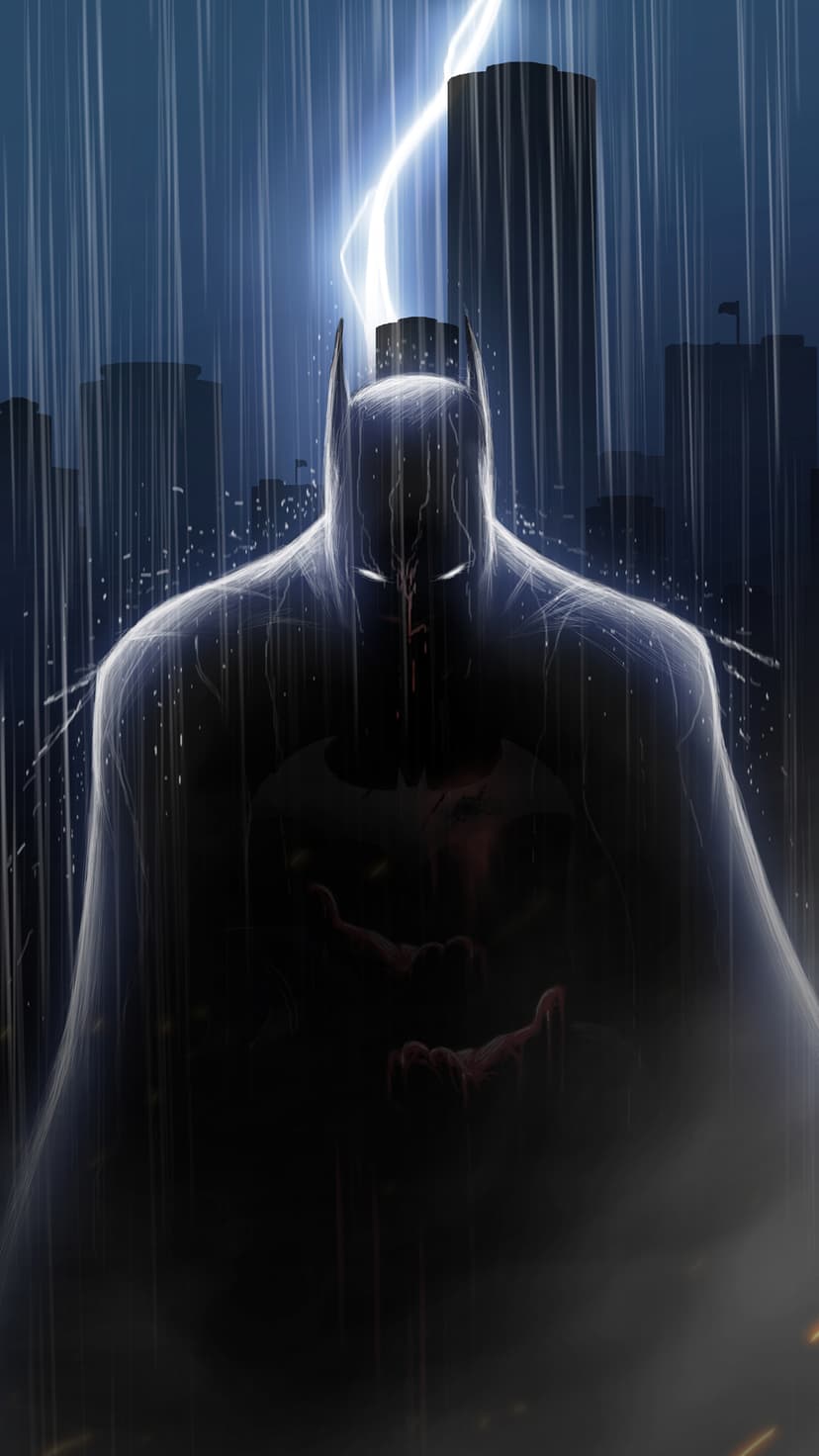 Batman silhouetted against a bright lightning bolt in a rainy Gotham City with glowing white lenses.